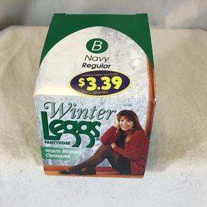 Vintage New Winter Leggs pantyhose warm ribbed opaques SZ B Navy Regular 1995